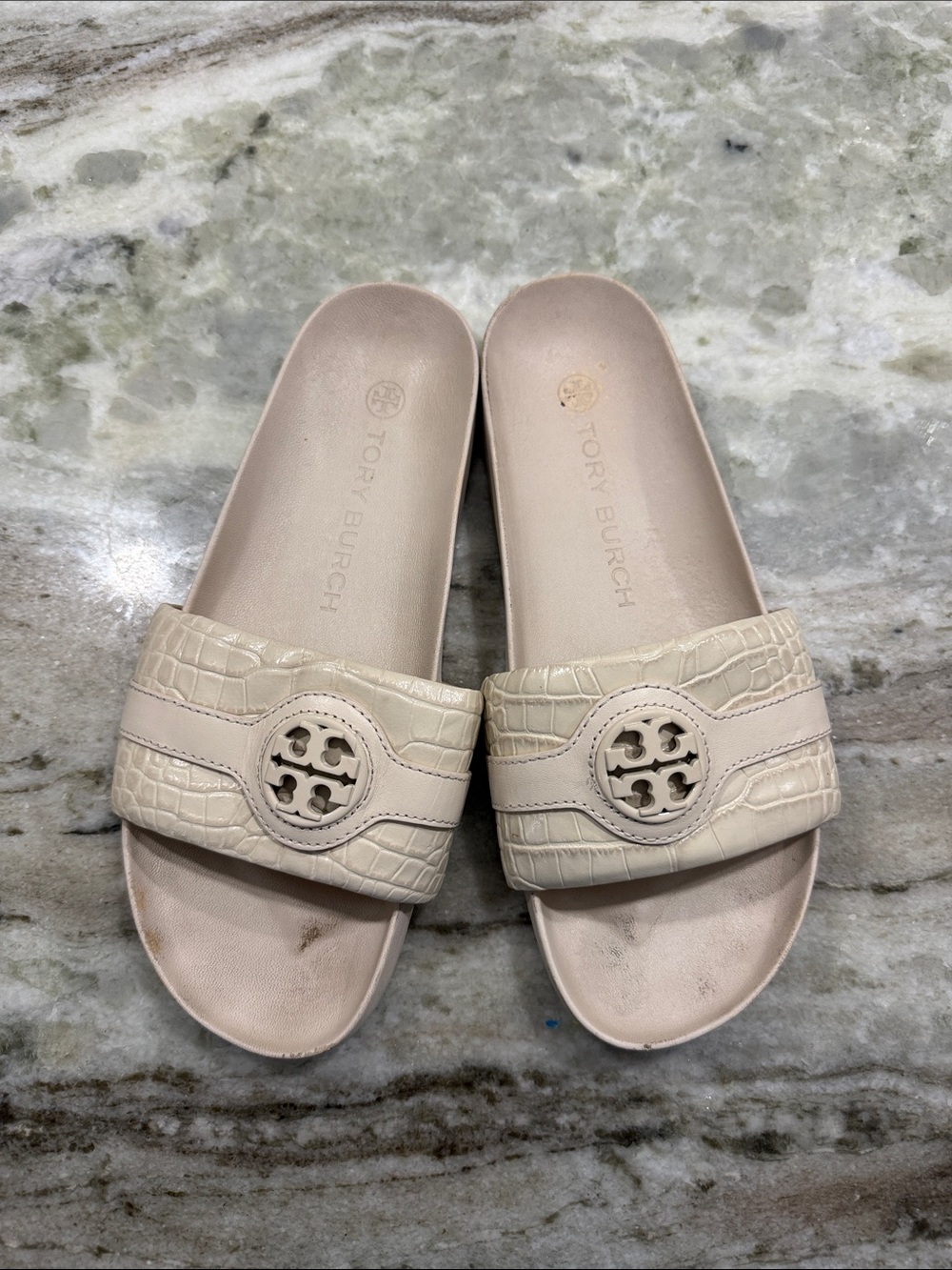 Tory Burch Cream Croc-Embossed Logo Slide Sandals